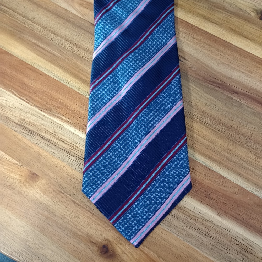 Canali Tie Necktie 100% Silk Made in Italy Designer Blue Pink Striped Repp